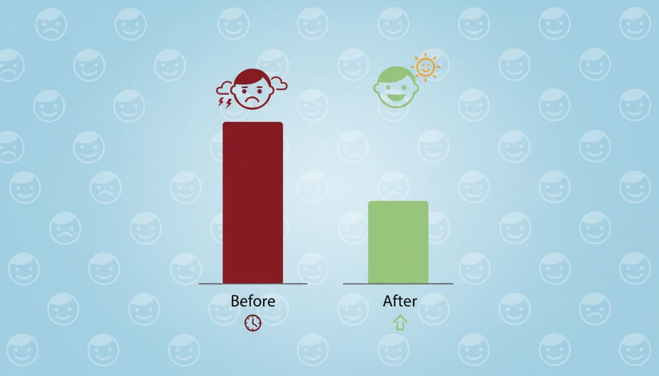 Simple bar graph comparing stress levels before and after team intervention on a light blue background with happy people icons, in a clean minimalist infographic style.
