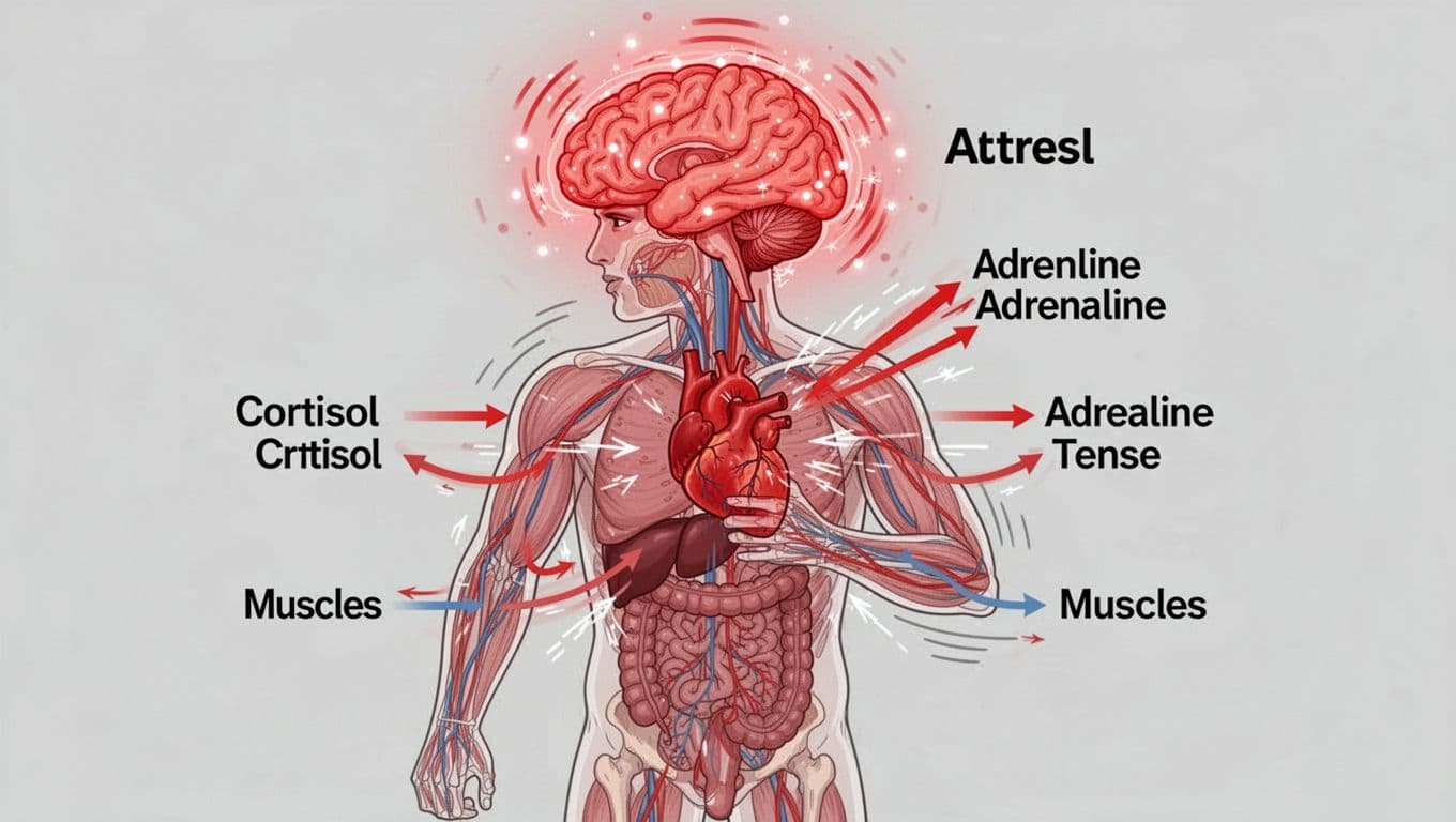Illustration of human brain and body in stress response, with brain lit up in red alerts, racing heart, tense muscles, and arrows indicating cortisol and adrenaline flow, in simple anatomical style on neutral background.