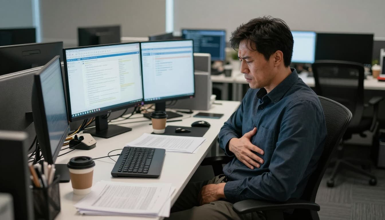 Stressed mid-30s business executive sits at cluttered modern office desk with hand on chest, surrounded by laptops, notifications, coffee mugs, and papers, showing drained tired expression in photorealistic style.