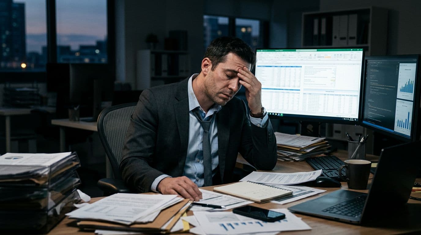 A professional in business attire sits at a modern office desk cluttered with papers and multiple screens, looking stressed with hand on forehead under dim lighting that emphasizes fatigue.