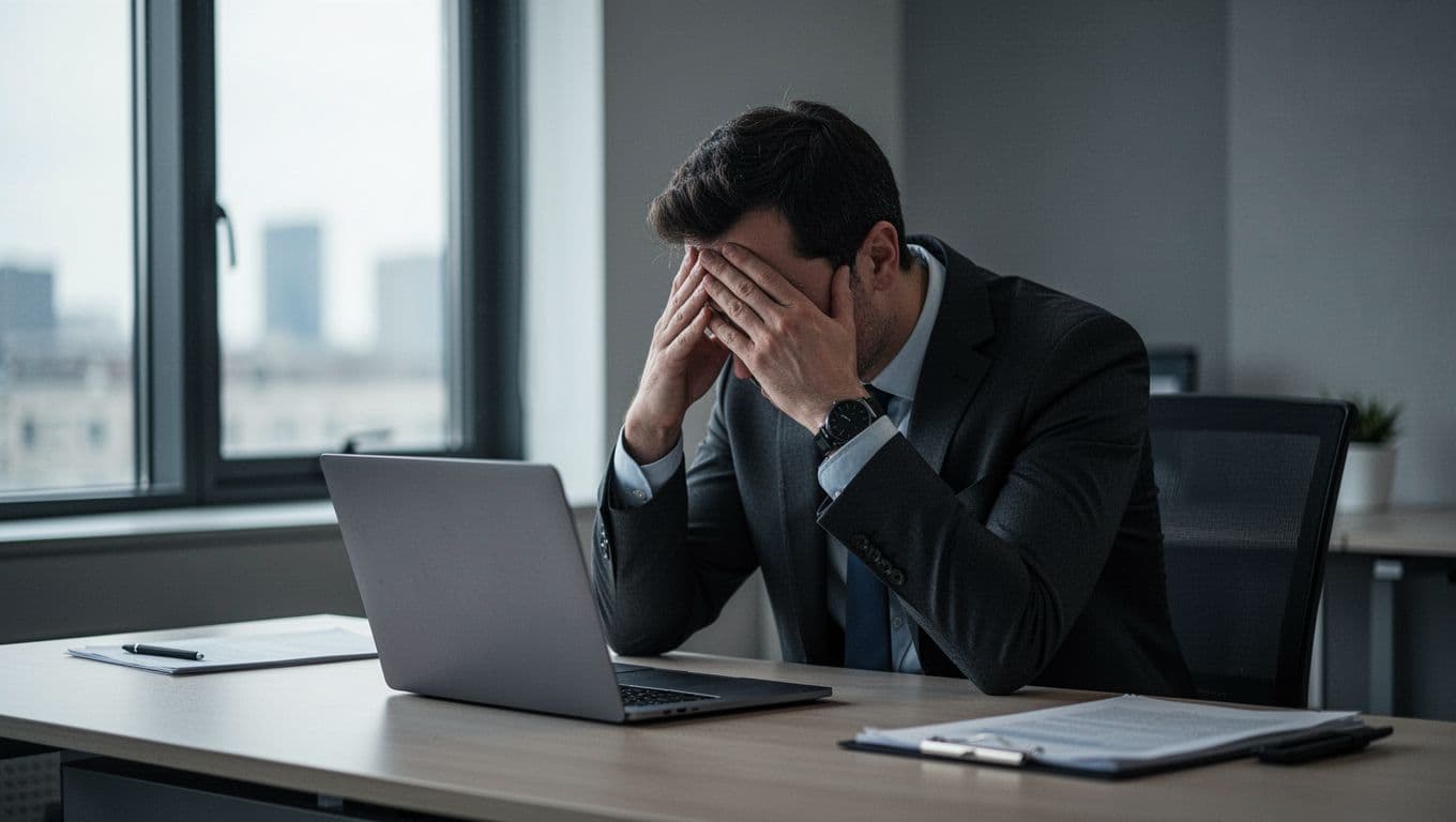 A stressed business professional sits at a modern office desk with a laptop, head in hands, under dim lighting and soft natural window light, realistic style focused solely on the individual.
