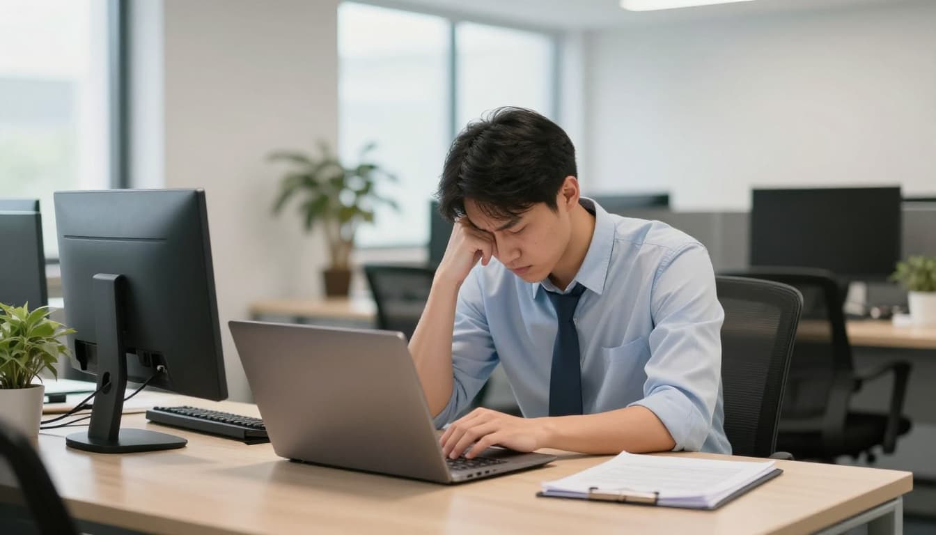 A realistic depiction of a stressed business professional in a modern office, sitting at a desk with a laptop, head resting on hands to show fatigue and burnout under soft lighting.