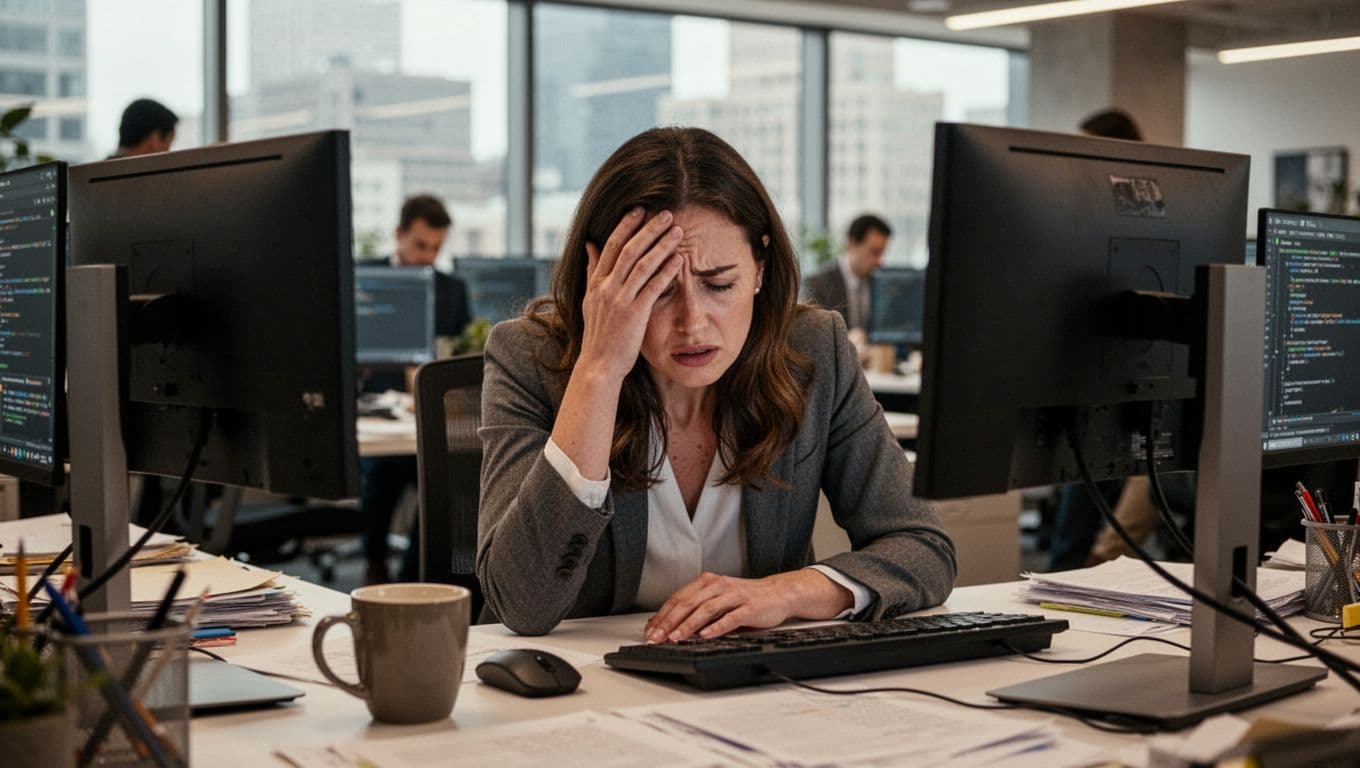 A mid-30s professional woman sits hunched at a cluttered desk in a modern open-plan office, rubbing her forehead with a stressed expression while staring at multiple computer screens. Foreground features a coffee mug and keyboard, with blurred colleagues and cityscape in the background under natural daylight.