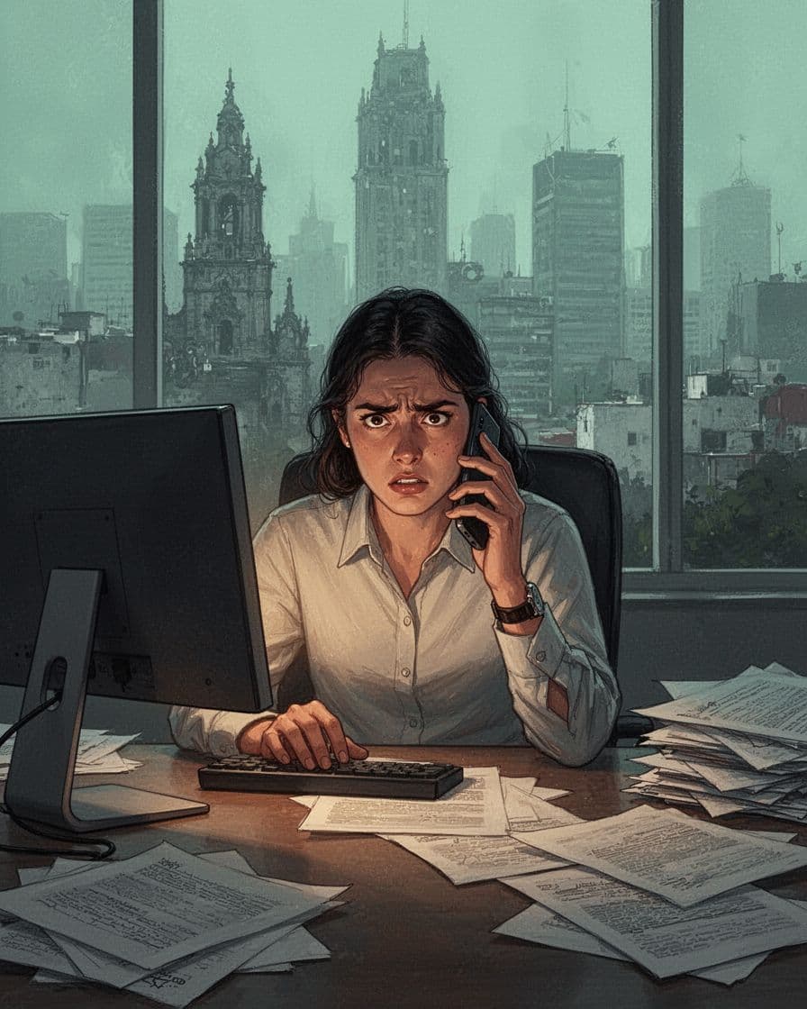 Illustration of a single stressed person at a cluttered CDMX office desk with computer, phone, and messy papers, tense expression gazing at the screen, dramatic lighting, and city skyline background in modern style with warm tense tones.