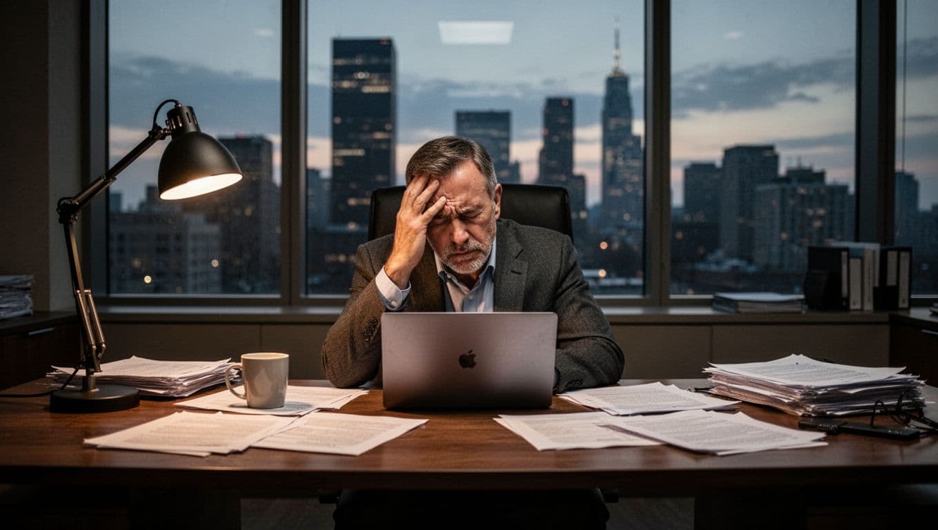 A middle-aged man in a suit sits exhausted at a cluttered wooden desk in a dimly lit office, holding his head with eyes closed, city skyline visible through large windows at dusk.