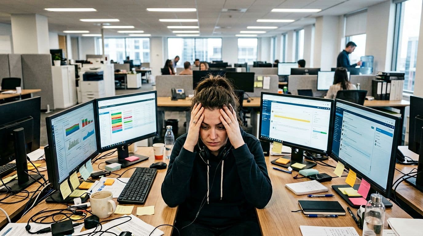 A single customer support agent with a stressed expression holds their head at a cluttered desk in a busy open-plan office, surrounded by multiple computer screens showing ticket queues and chat windows, realistic style with natural overhead lighting.