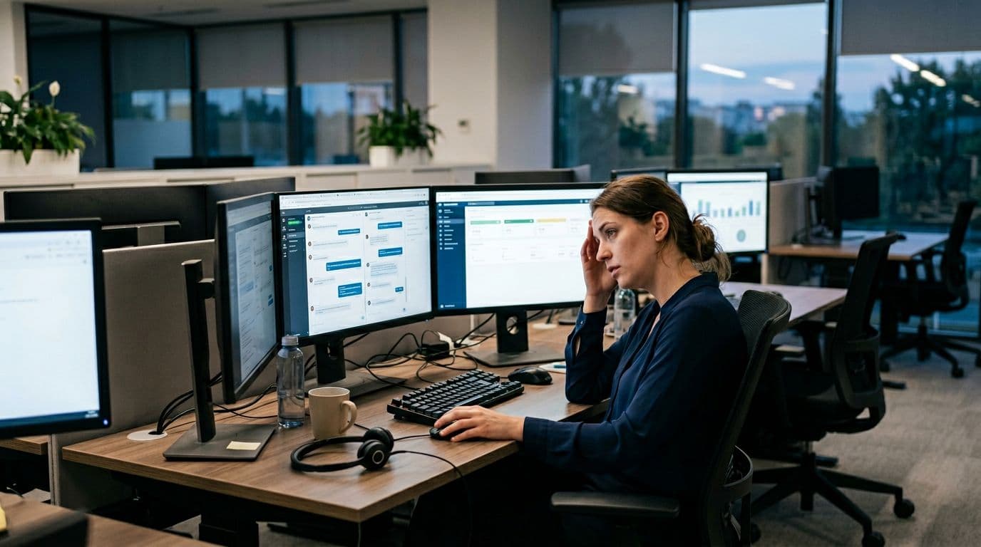A single customer support agent in a modern office looks stressed with hands on head, surrounded by multiple computer screens displaying chat windows and tickets under soft lighting.