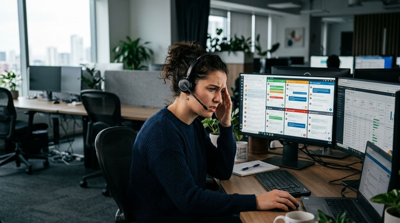 A stressed customer support agent sits at a desk wearing headphones, facing multiple screens filled with open tickets and chats in a modern office with soft natural window lighting and realistic photographic style.