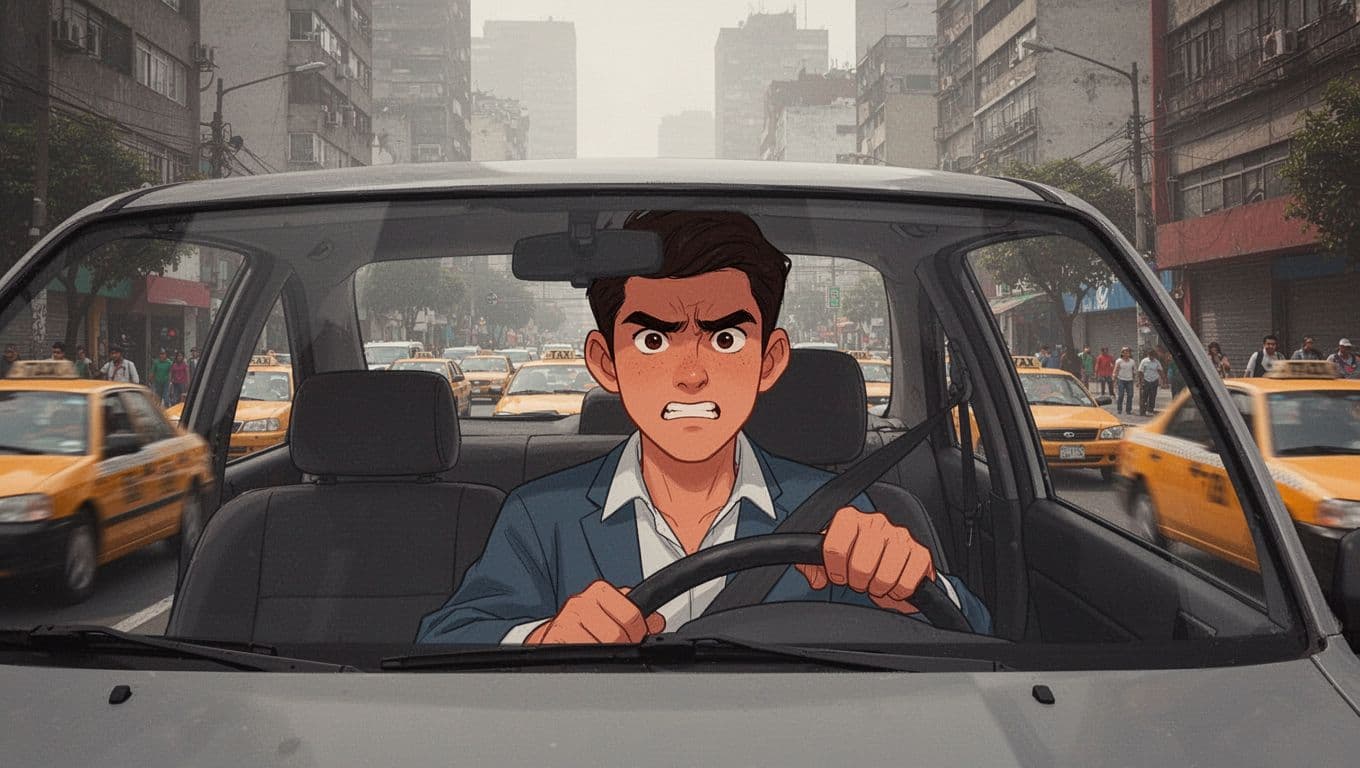 A young professional stuck in heavy Mexico City traffic on a bustling avenue, tense facial expression with furrowed brows and tight jaw, hand resting lightly on steering wheel, surrounded by blurred cars, taxis, pedestrians, and towering urban buildings under a hazy sky. Modern illustration style with clean shapes, controlled warm urban palette.