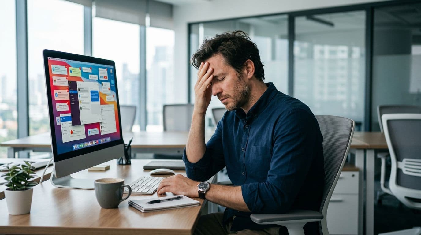 A lone stressed employee sits at a modern office desk with a computer screen overflowing with notifications, hand raised in front, coffee cup nearby, mild frustration on face, natural office lighting, realistic photographic style.