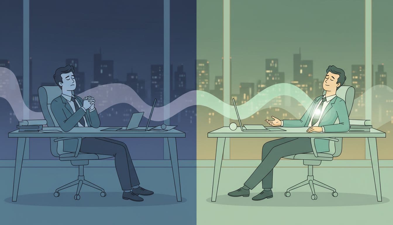 Modern illustration of a stressed executive at a night desk in Mexico City transforming to relaxed state after breathwork micro-pausa, shown in subtle before-after split with calming #14B8A6 glow.