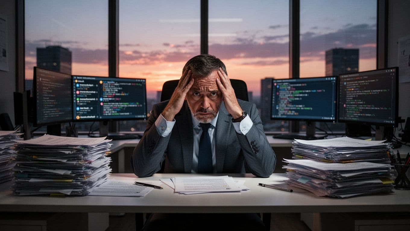A middle-aged executive leader sits fatigued and anxious in a modern office at sunset, surrounded by piles of papers and screens with notifications, hands on head staring distantly under dim lighting and long shadows.