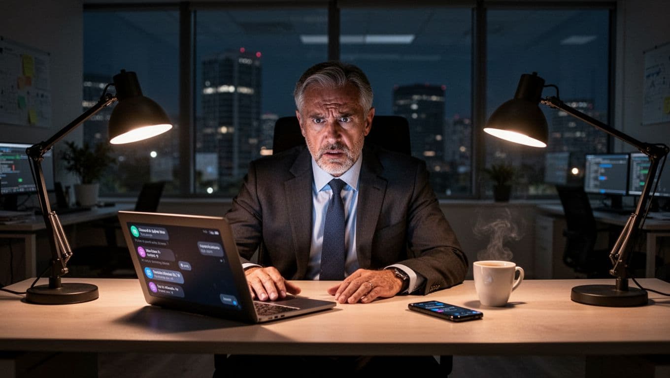 Middle-aged executive leader sits alone in a modern office late at night, tense face illuminated by laptop and phone screens with notifications, empty coffee cup nearby, warm desk lamp casting shadows.