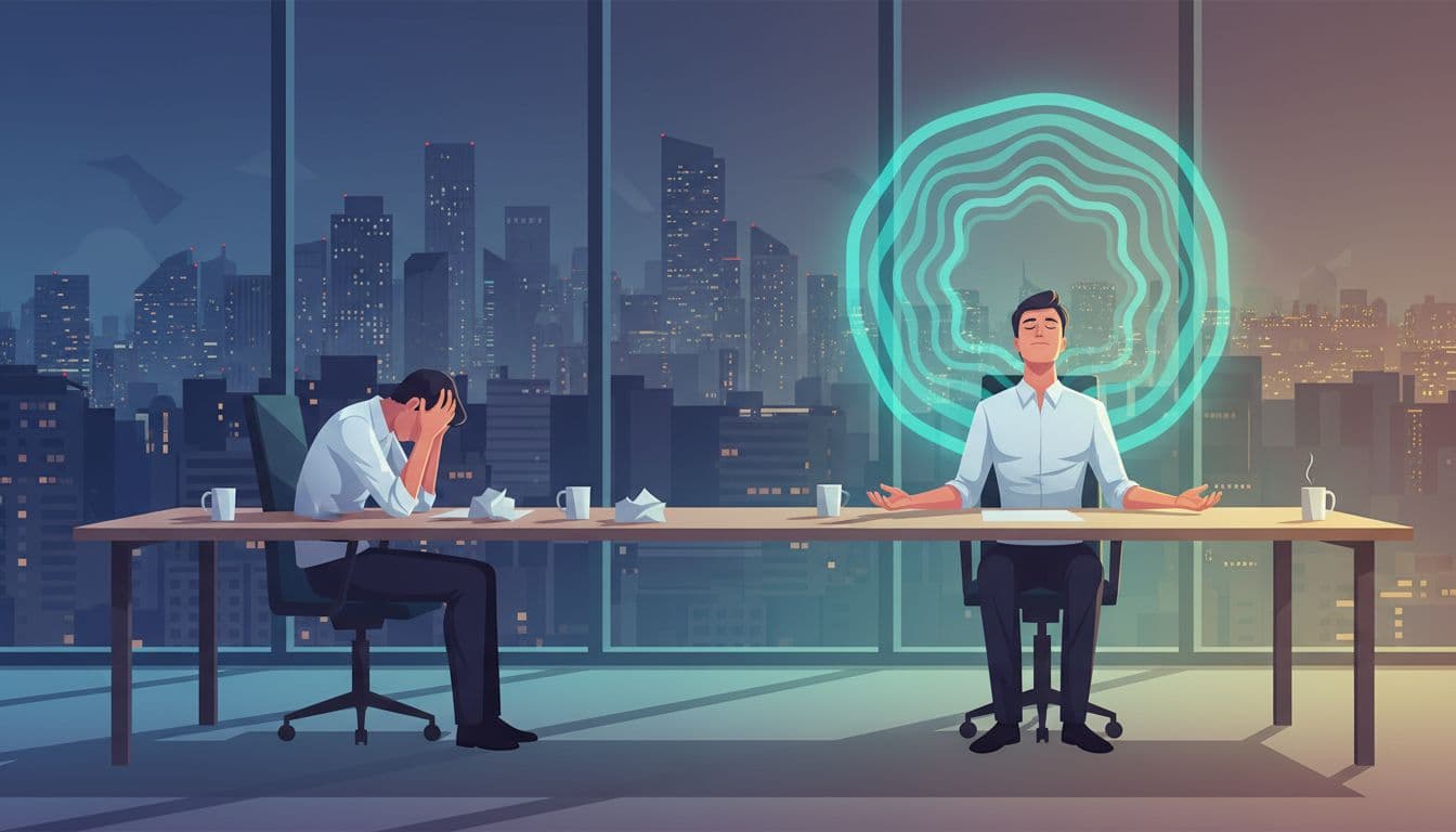 Modern illustration of a single stressed executive at a desk in a late-night Mexico City office, head in hands amid coffee cups and screens, overlaid with a breathing exercise visualization shifting from cool to warm tones with teal glow.