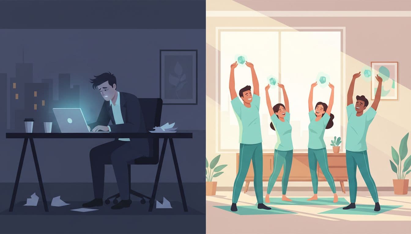Ilustración dividida en dos mitades: izquierda oscura con ejecutivo estresado solo frente a laptop en oficina nocturna, derecha luminosa con grupo de cuatro riendo en taller diurno de wellness. Estilo moderno con formas limpias, colores controlados en #14B8A6 para elementos positivos e iluminación contrastante.