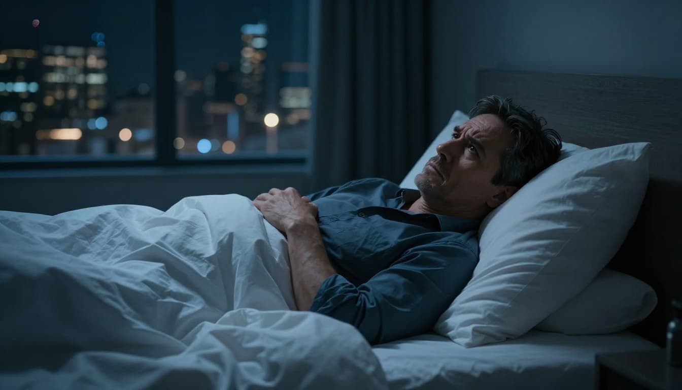 A middle-aged executive lies awake in a modern dark bedroom at night, staring worriedly at the ceiling with furrowed brows, city lights glowing softly through window blinds amid rumpled sheets.