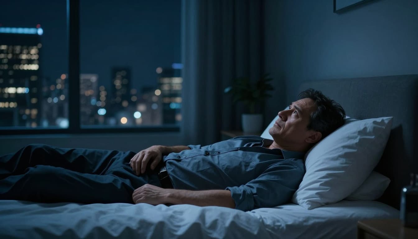 Middle-aged male executive lying awake in a dark modern bedroom at night, staring at the ceiling with a stressed expression, faint city skyline through window under soft blue moonlight.