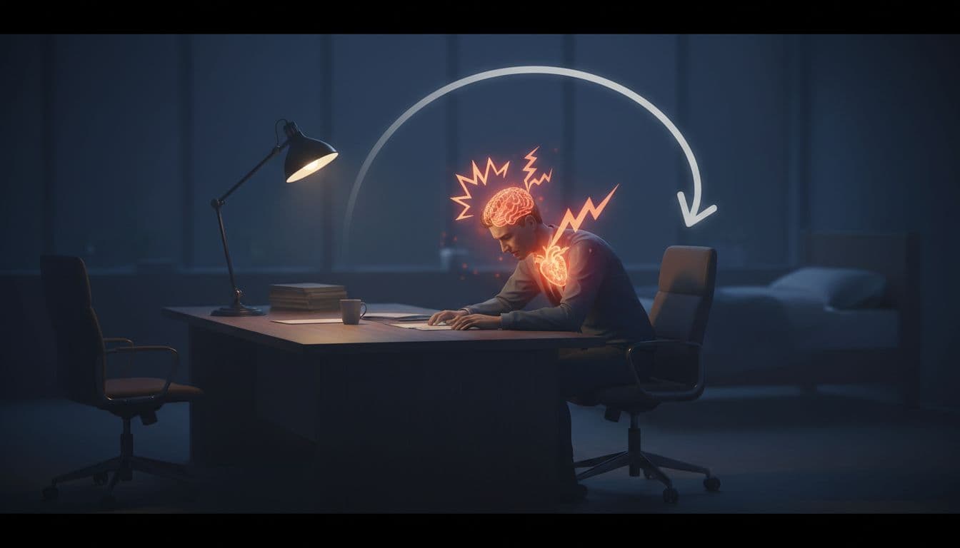 A high-performer executive sits tense at a desk late at night in a dimly lit office, with glowing cortisol and adrenaline icons around the brain and heart illustrating the fight-or-flight stress response and sleep stress cycle.
