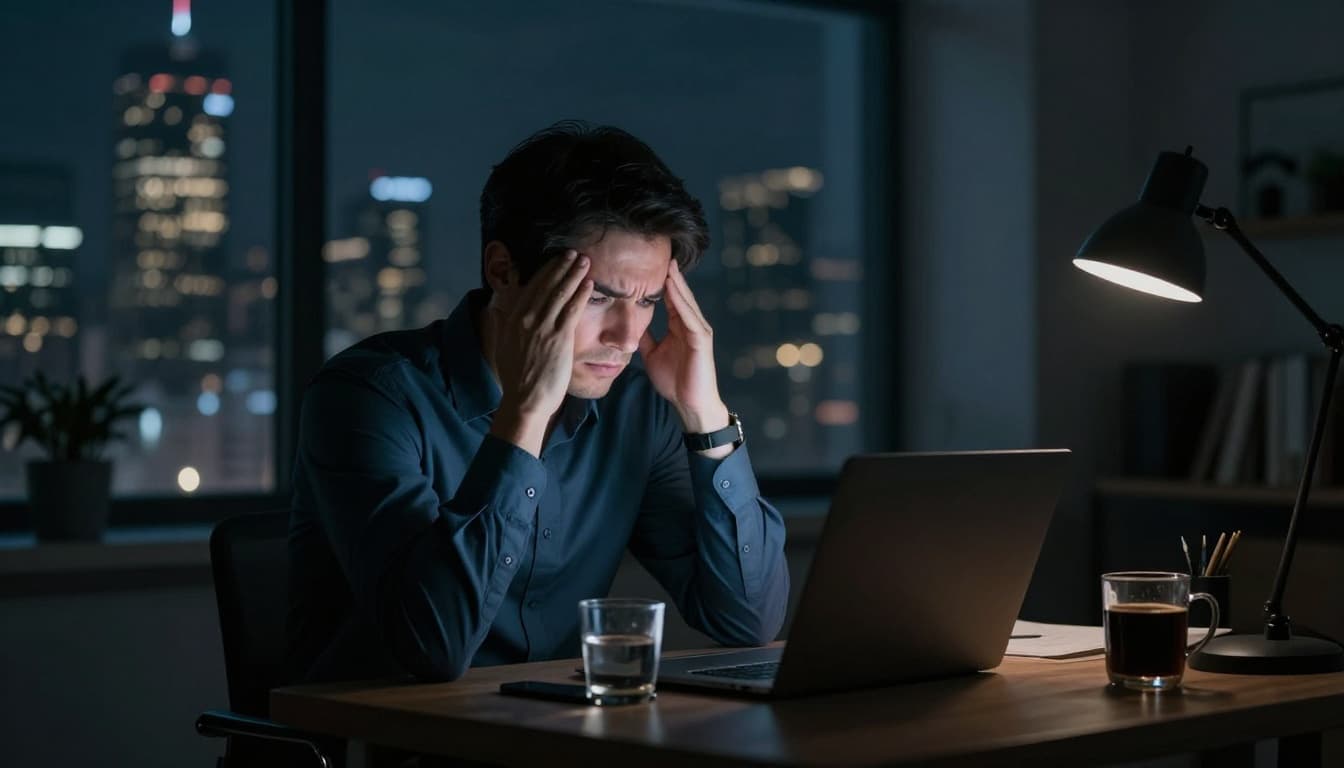 An executive in a dimly lit modern home office late at night sits at a desk with a glowing laptop screen, rubbing temples in stress, empty coffee mug nearby, city skyline through window. Realistic photograph with soft lighting from screen and lamp, one person only.