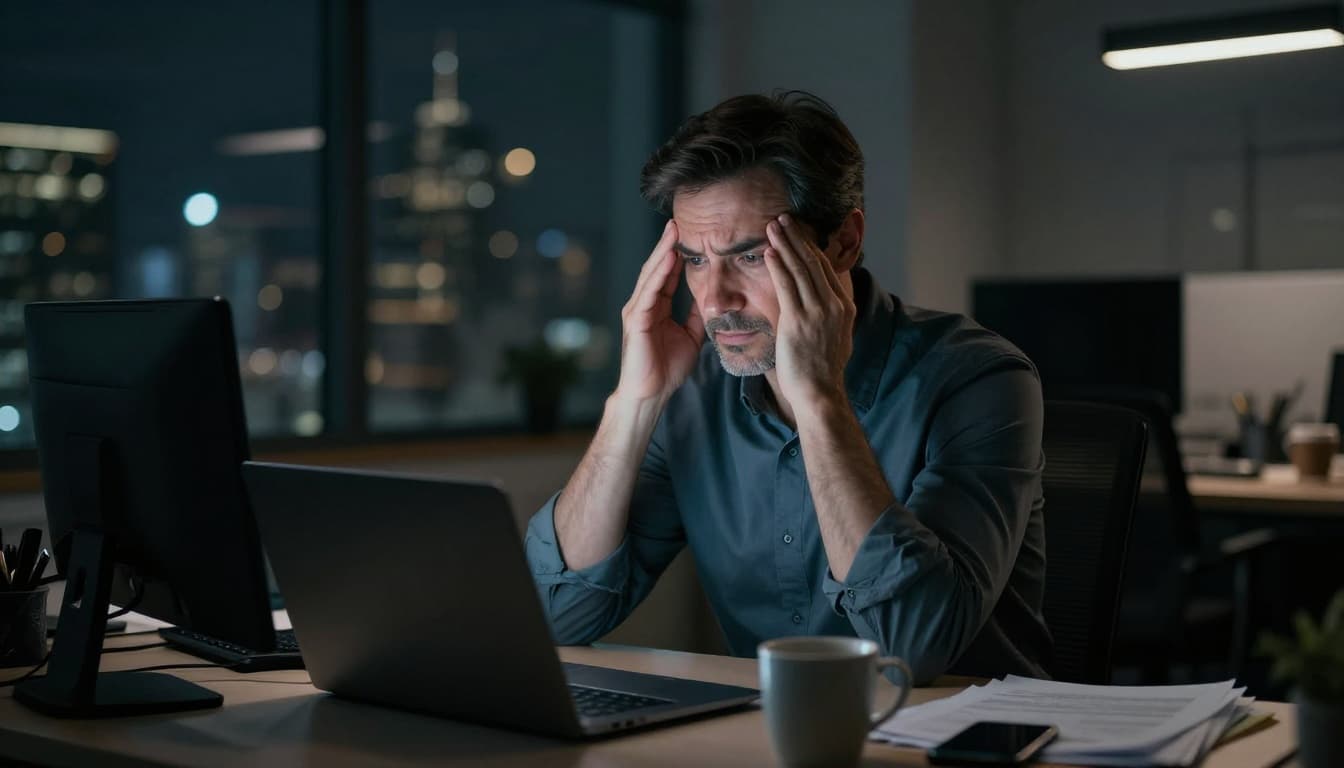 A realistic portrait of a middle-aged male executive sitting at a cluttered desk in a modern office late at night, rubbing his temples with tired eyes fixed on a laptop screen amid dim lighting and city lights outside.