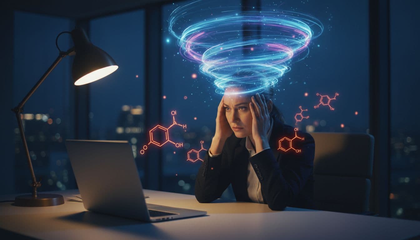 High-performing executive in modern office working late at night, shown stressed with tense posture, racing thoughts as swirling patterns, cortisol icons around body, dark moody lighting, realistic style.