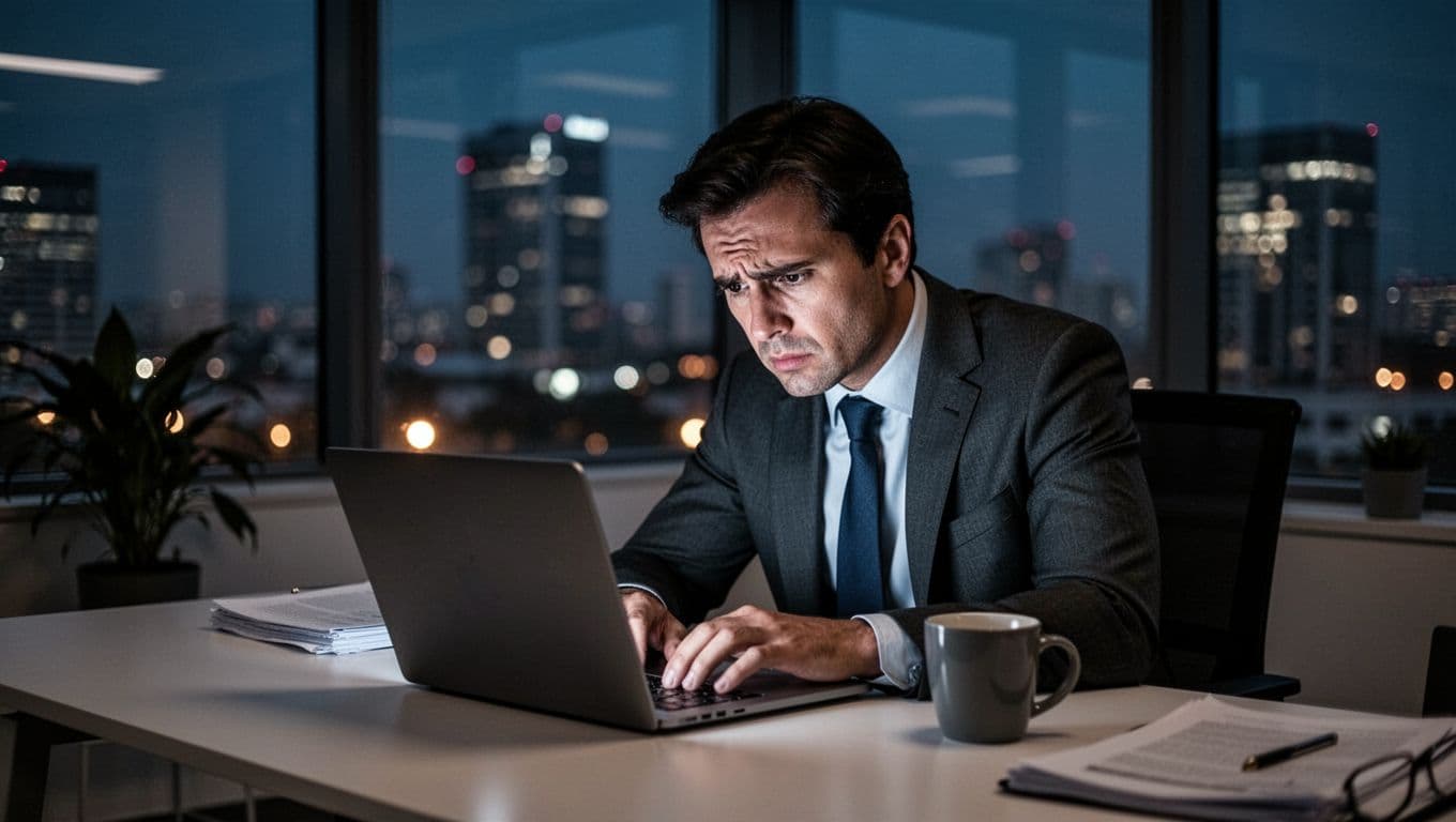A tired executive in a modern office at night stares stressed at a laptop screen, illuminated by dim light, with a coffee mug nearby and city lights in the background.
