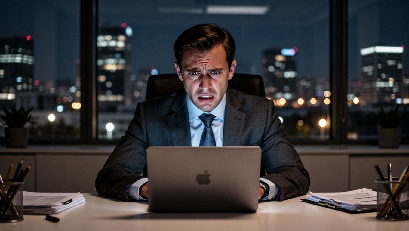 A high-performing executive sits at a desk in a modern office late at night, looking stressed with furrowed brow under laptop screen glow and city lights through the window.