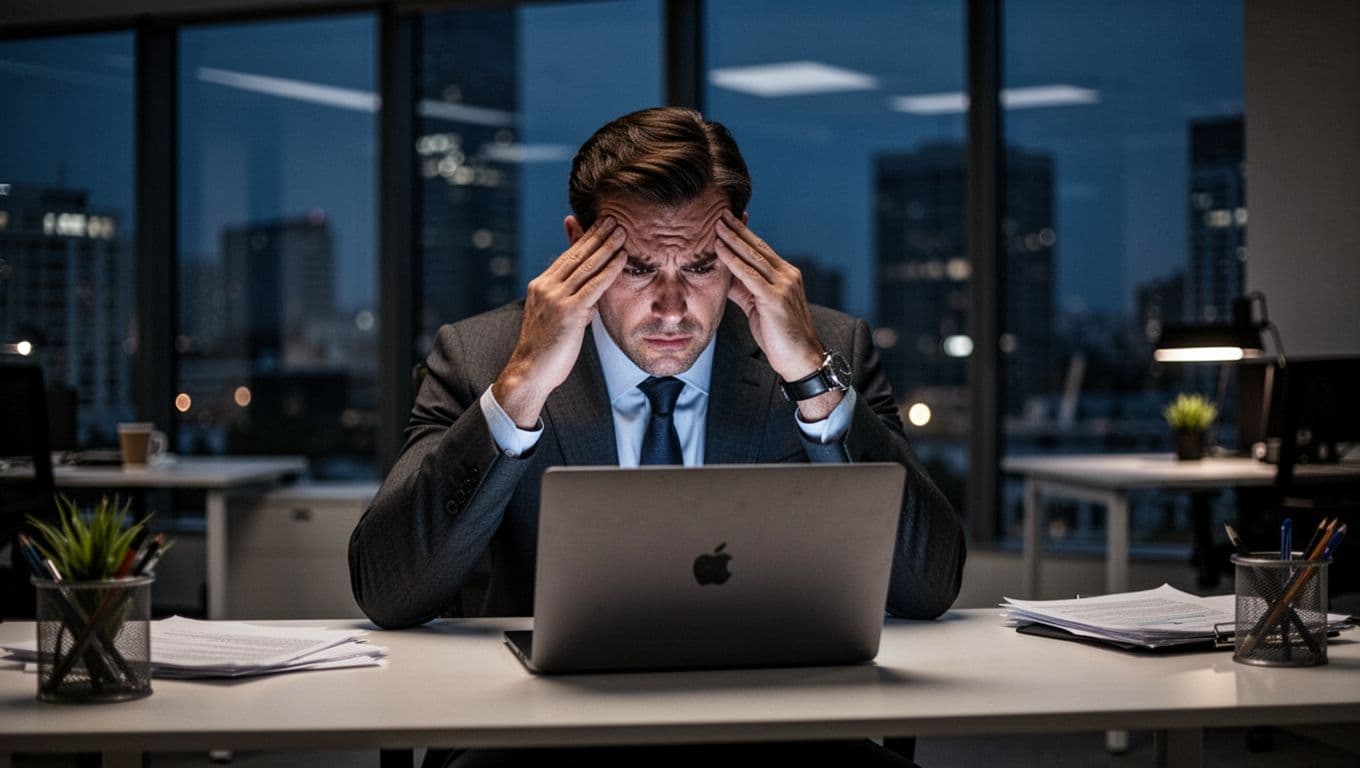 An executive leader in a modern office at night, seated at a desk with an open laptop, showing stress with hand on forehead, dim soft lighting, realistic style, landscape orientation.