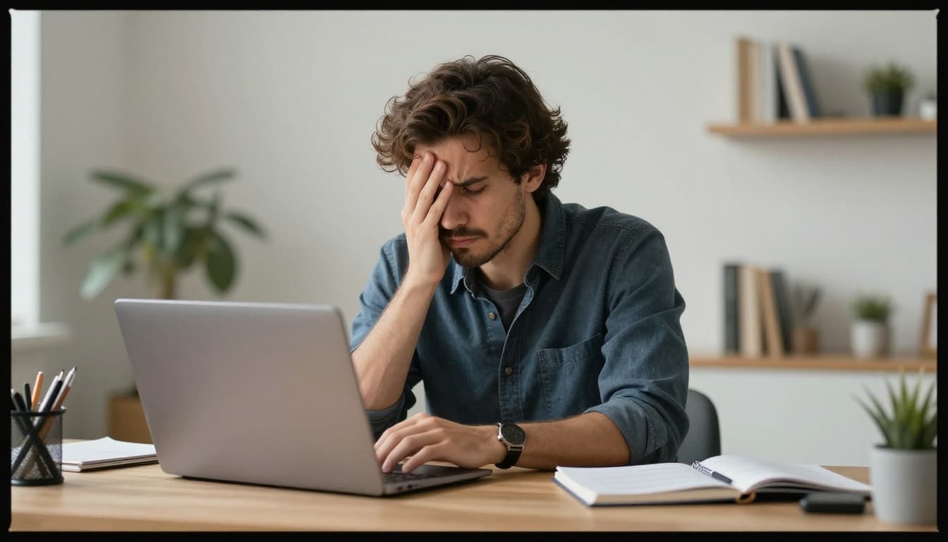 A stressed office professional in home office sits at a desk with laptop, showing tired expression in slightly messy modern environment, full body realistic style with soft natural lighting.
