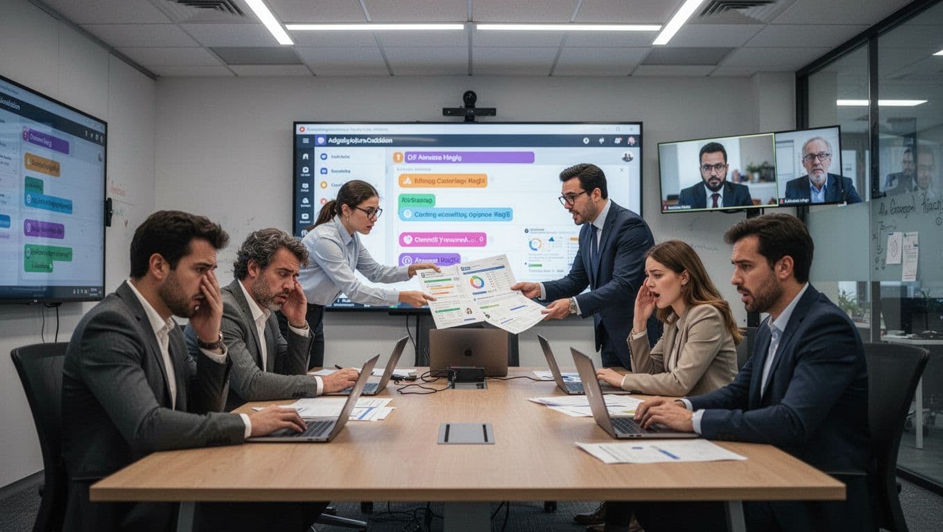 A small team of exactly four people—two in-person and two remote—in a hybrid meeting room shows stressed expressions as screens display urgent tasks and the manager assigns more work under fluorescent office lighting.