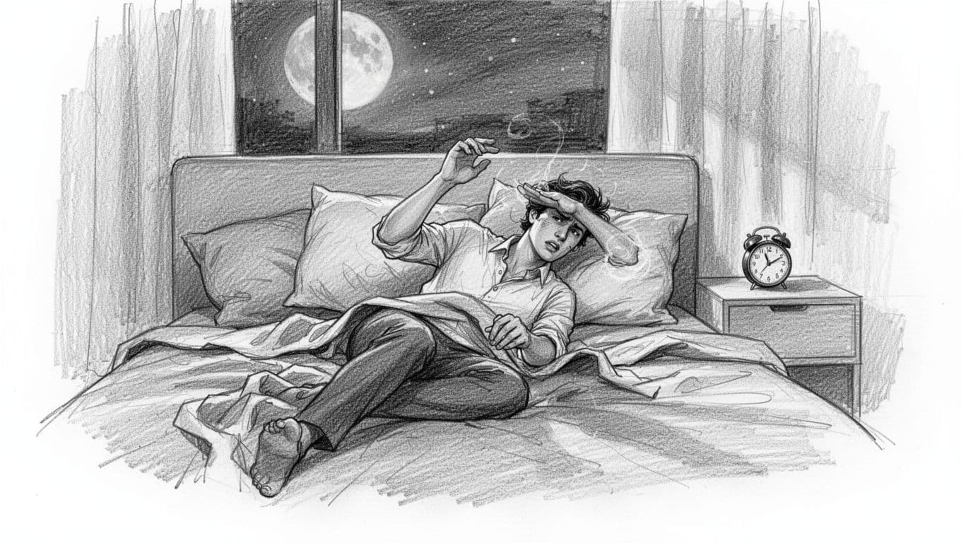 A young professional tosses and turns in bed at 2 AM, unable to sleep due to stress-induced insomnia, shown in a hand-drawn graphite sketch style with dim moonlight.