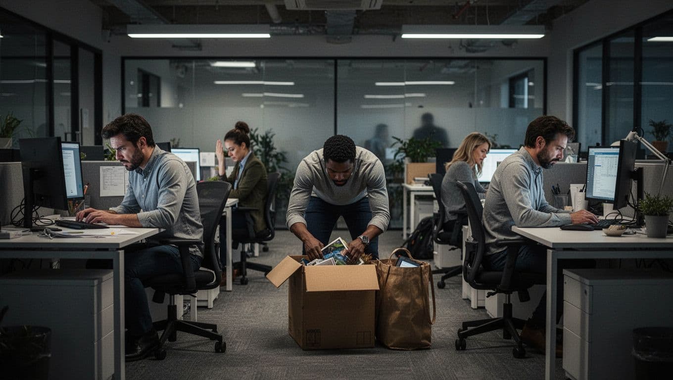 Office workers at desks looking stressed and isolated in a modern open office under dim lighting, with one person quietly packing a personal box, subtle tension in diverse group of four adults.