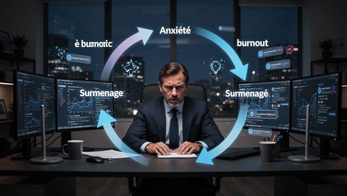 A stressed leader sits late at night at a modern dark desk, surrounded by screens and notifications, with arrows illustrating a vicious cycle from anxiety to burnout and back, in realistic style with dramatic low lighting.
