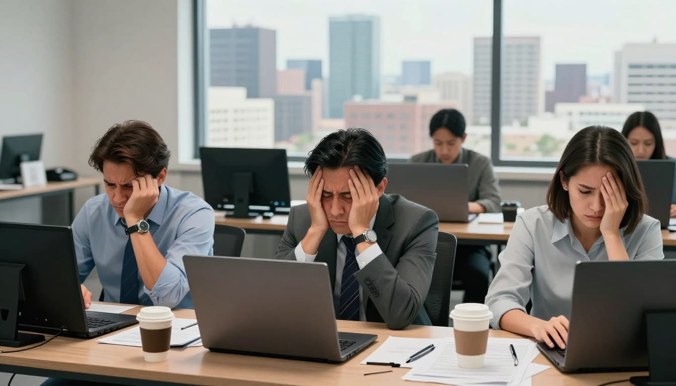 Modern illustration of three overwhelmed Mexican office workers at cluttered desks with laptops, coffee cups, and notifications, city skyline visible through the window, emphasizing group fatigue with clean shapes and teal accents.