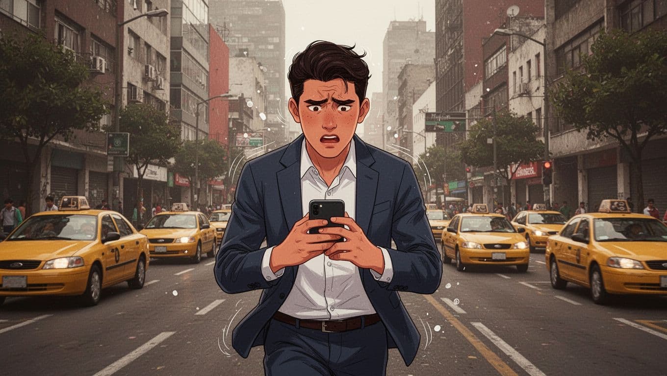 A young Mexican professional hurries down a busy urban street in Mexico City, checking his phone with a stressed expression, tense shoulders, amid traffic and buildings in a modern illustration style with clean shapes and warm urban colors.