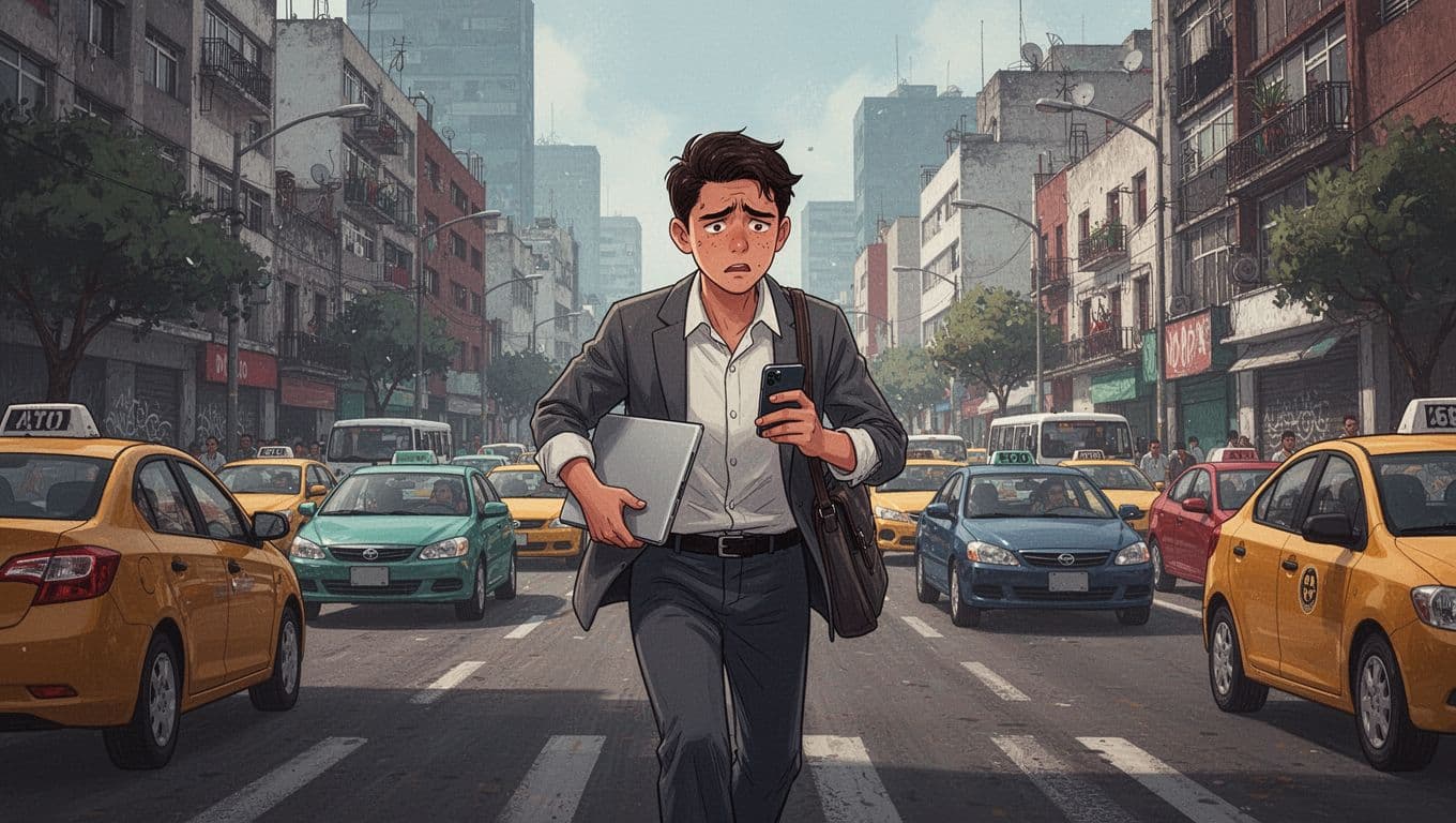 Illustration of a young Mexican professional hurrying through busy Mexico City streets with laptop and phone, showing tired stressed expression amid crowded traffic.