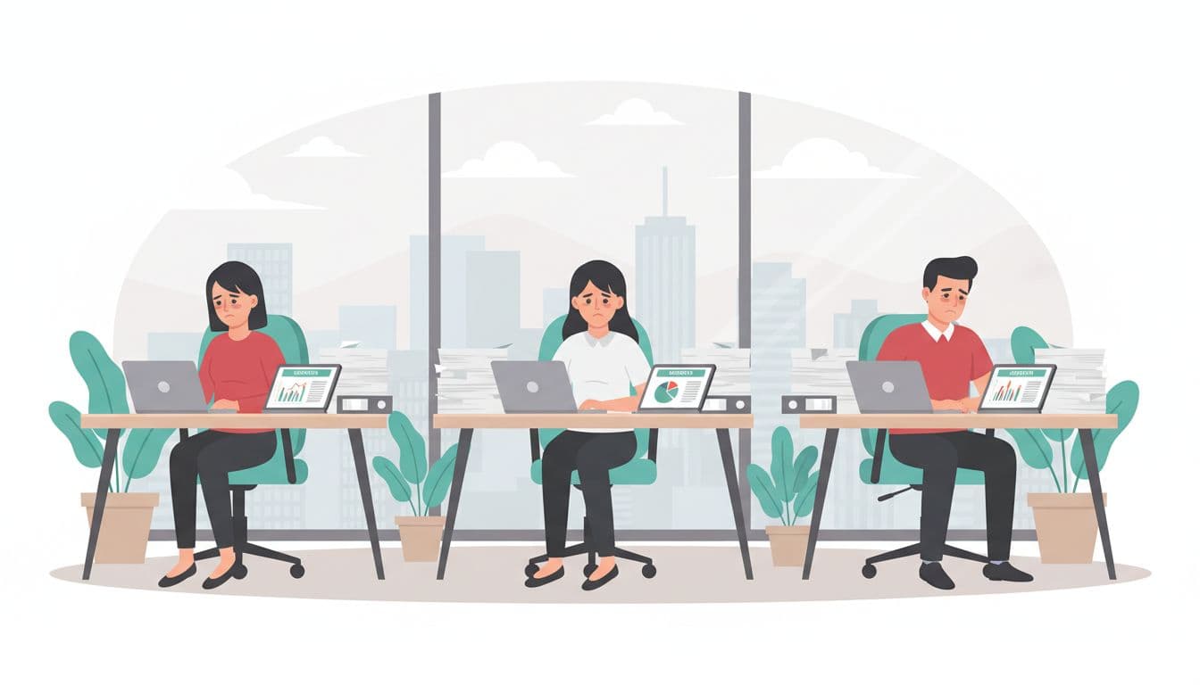 Tres personas sentadas en escritorios de una oficina moderna en Ciudad de México muestran expresiones de fatiga y frustración por papeleo y encuestas de proveedores NOM-035, con skyline de CDMX visible por la ventana.