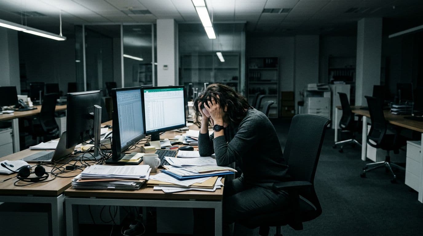 Funcionário estressado em um escritório moderno, sentado à mesa com a cabeça nas mãos, em um ambiente com desordem e luz fria.