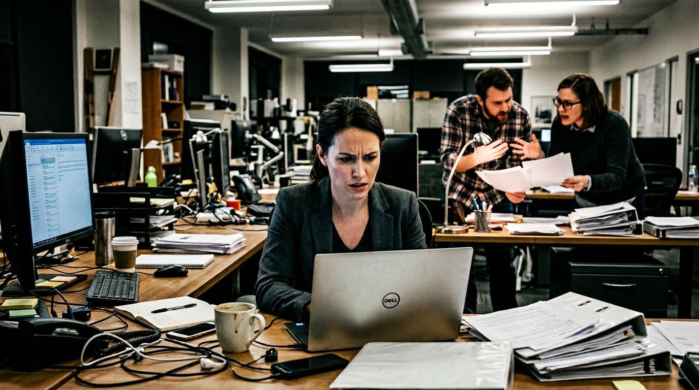 A tense leader at a cluttered desk checks urgent emails on a laptop, with two colleagues frantically discussing papers in the background, coffee cups scattered around under dim fluorescent lighting in a realistic photo style.