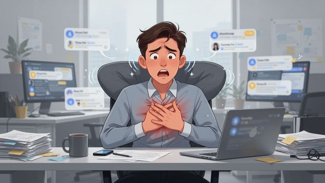 A young professional sits tense at a modern office desk with shoulders raised high, one hand pressing on tight chest, worried eyes on multiple notifications from blurred phone and laptop screens, amid a cluttered desk with coffee mug, illustrating physical anxiety response in fast-paced work.