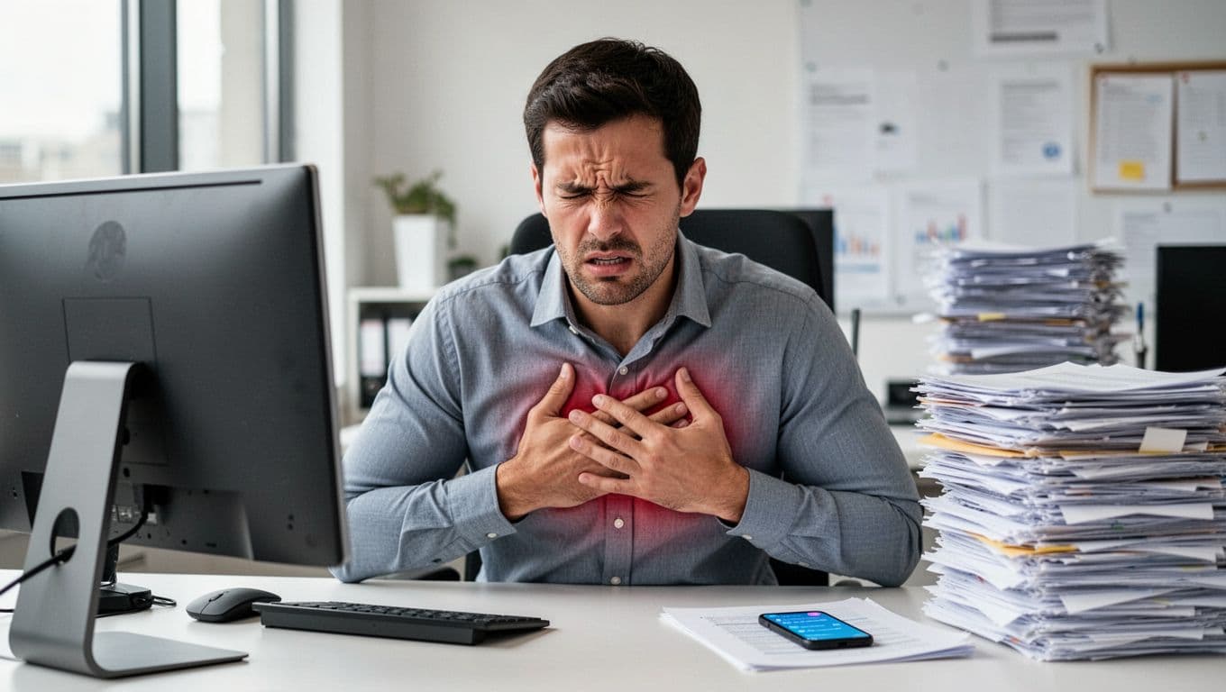 A stressed professional sits at a modern office desk with a computer, hands clutching chest in tension, tense facial expression, background featuring piled papers and phone notifications, realistic style with natural window lighting.