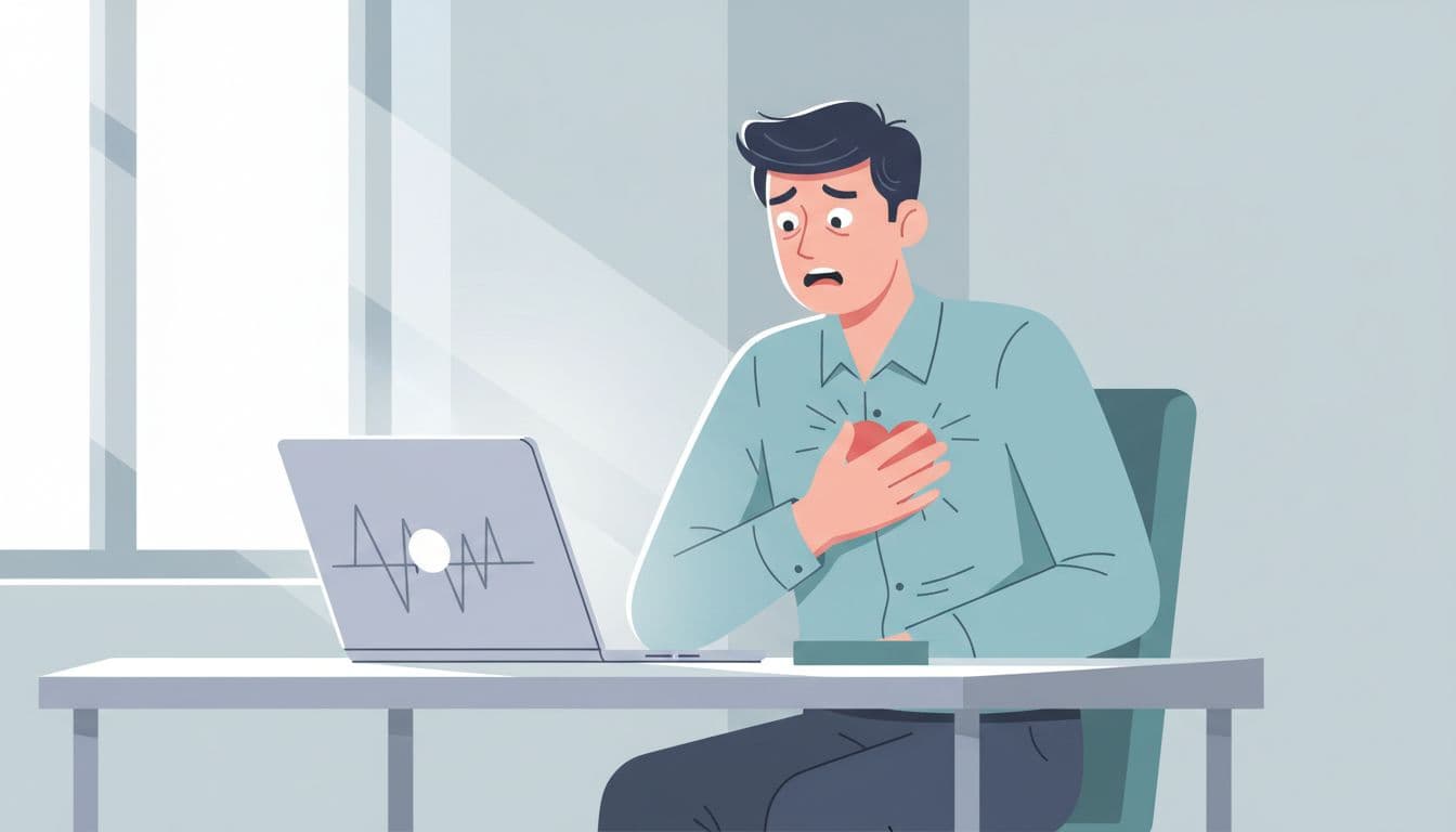 Young professional at modern office desk displays stress signals like tense shoulders, hand on tight chest, shallow breathing, and worried expression focused on laptop. Modern illustration with clean shapes, soft blue-gray palette, side window lighting, centered on upper body and face.