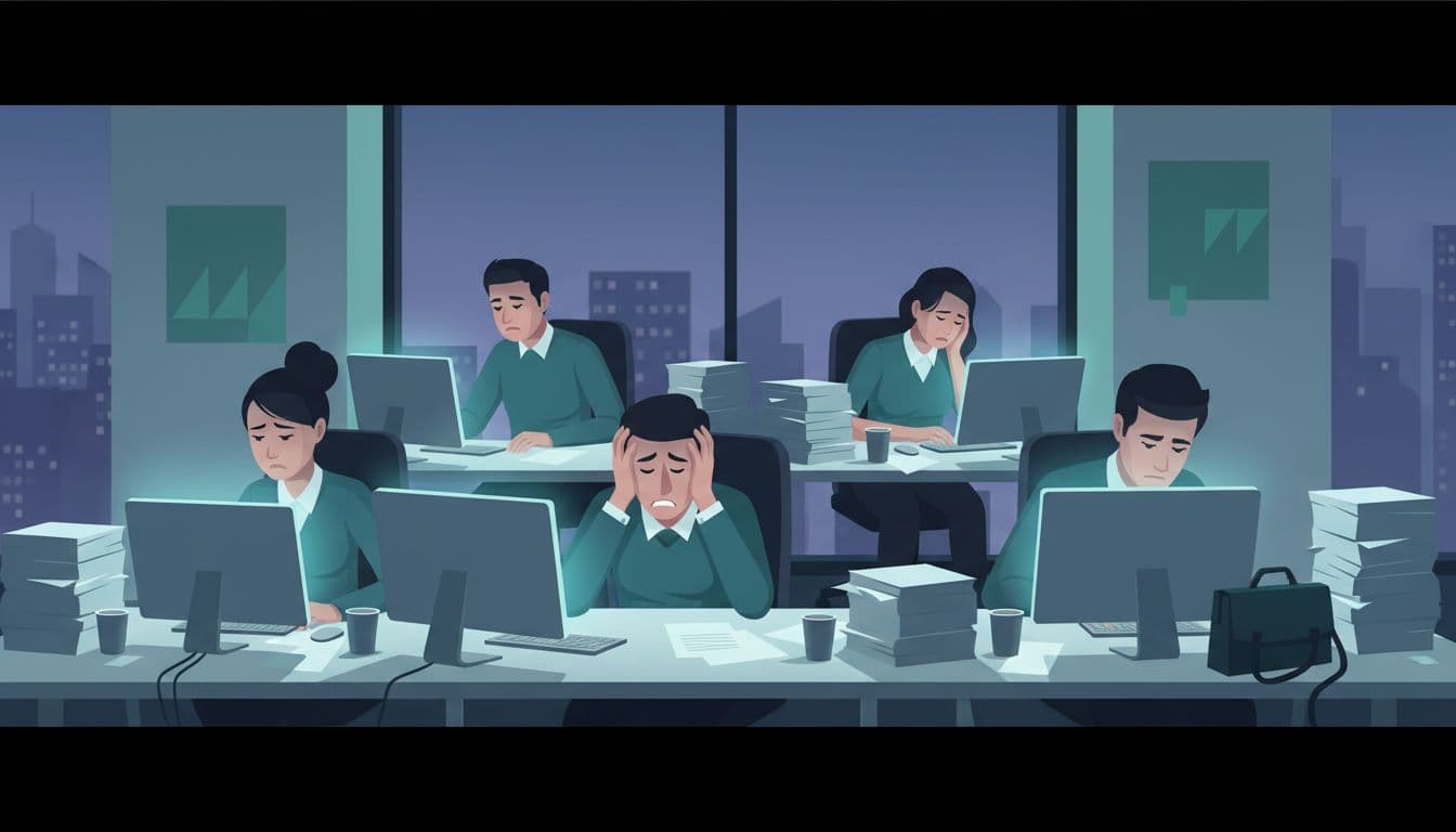 Five professionals in modern office gaze stressed at computers amid messy papers, one with hands on head.