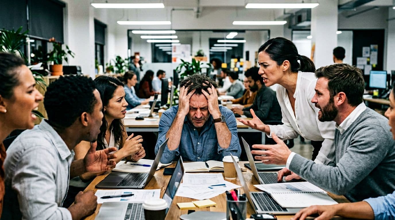 A stressed office team engaged in a chaotic meeting, featuring a central manager with hands on his head amid agitated colleagues in a modern open office. Tight composition focuses on tense faces under harsh fluorescent lighting in a realistic photo style.