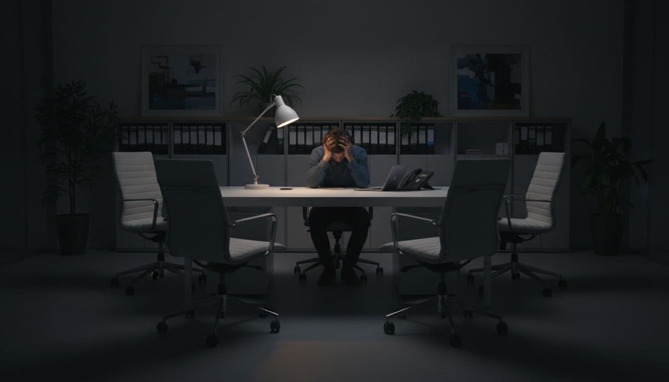 A lone office worker sits stressed at a desk with head in hands, surrounded by empty chairs in a dim modern workspace, symbolizing workplace isolation and low belonging.