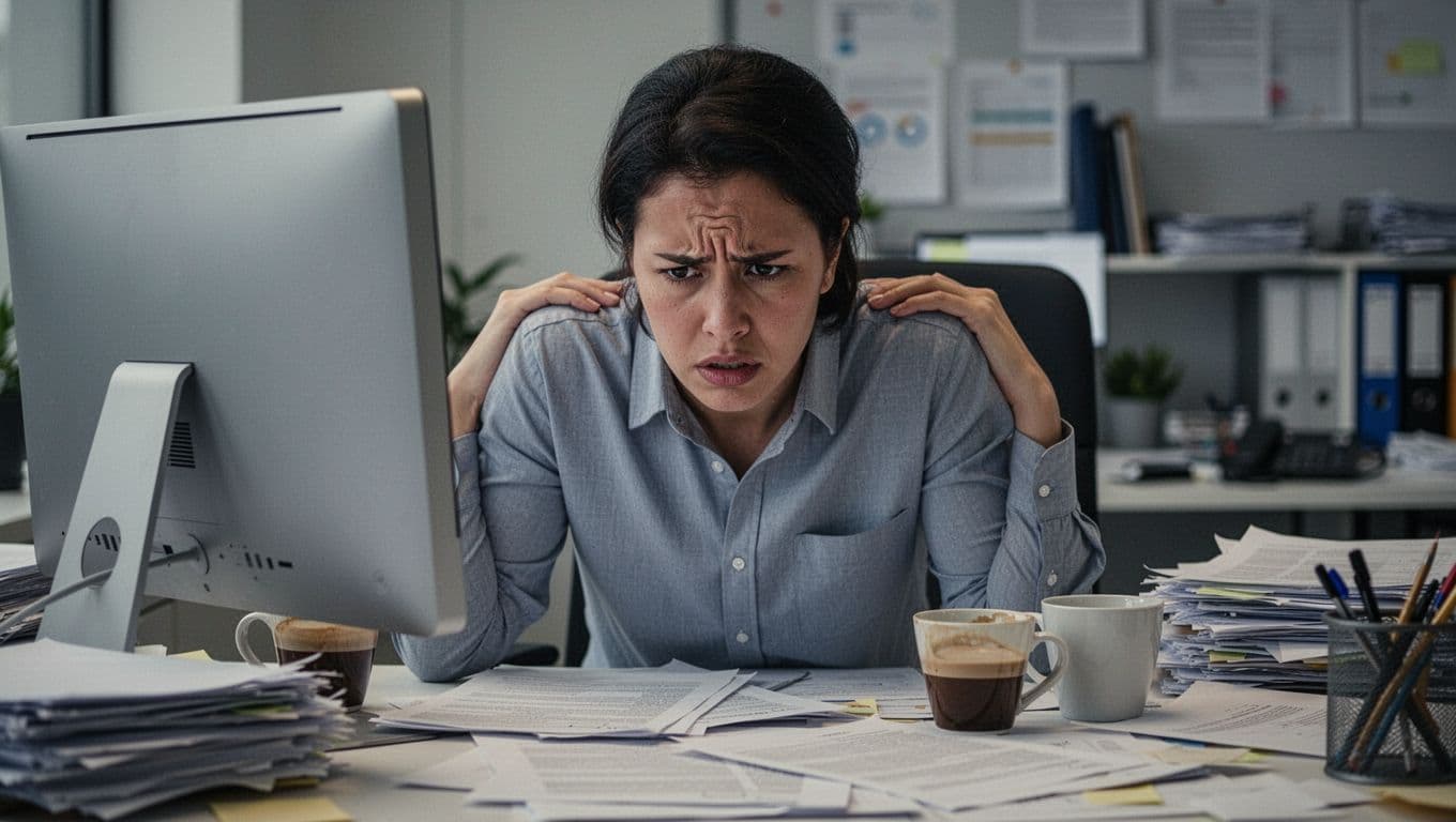 A tense office worker with hunched shoulders stares at the computer screen with a stressed expression, surrounded by a messy desk cluttered with papers and coffee cups, in soft office lighting and realistic photographic close-up style.