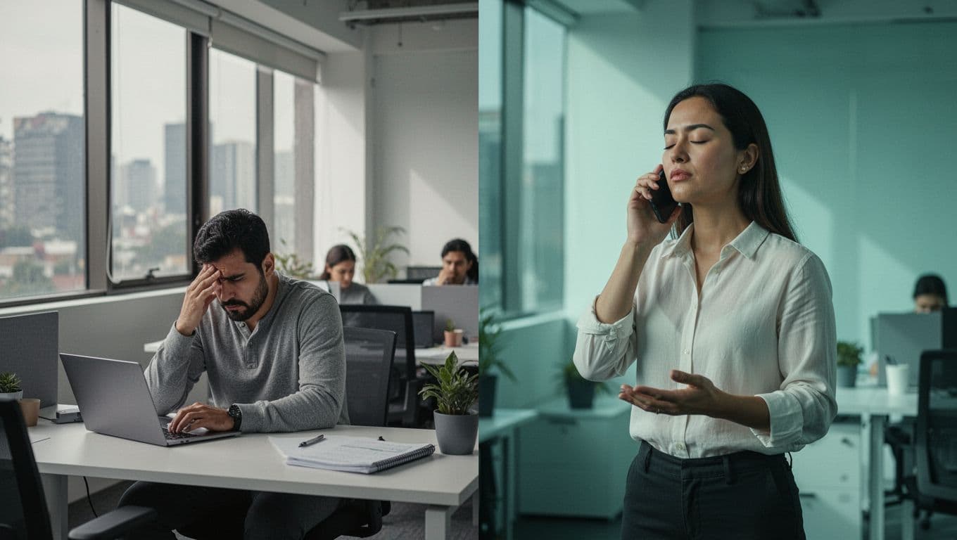 Ilustración moderna de un empleado en oficina de CDMX transformándose de estresado en escritorio con laptop a relajado practicando respiración guiada con teléfono, en una transición visual dividida con colores calmantes y acento #14B8A6.