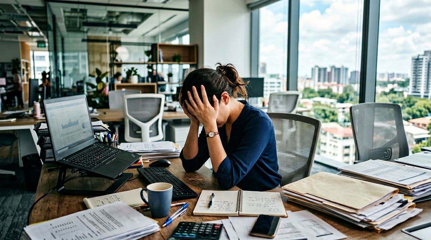 An office worker appears overwhelmed and stressed, resting their head on their hands at a cluttered desk with computer, papers, and modern office background featuring a window with natural daylight.