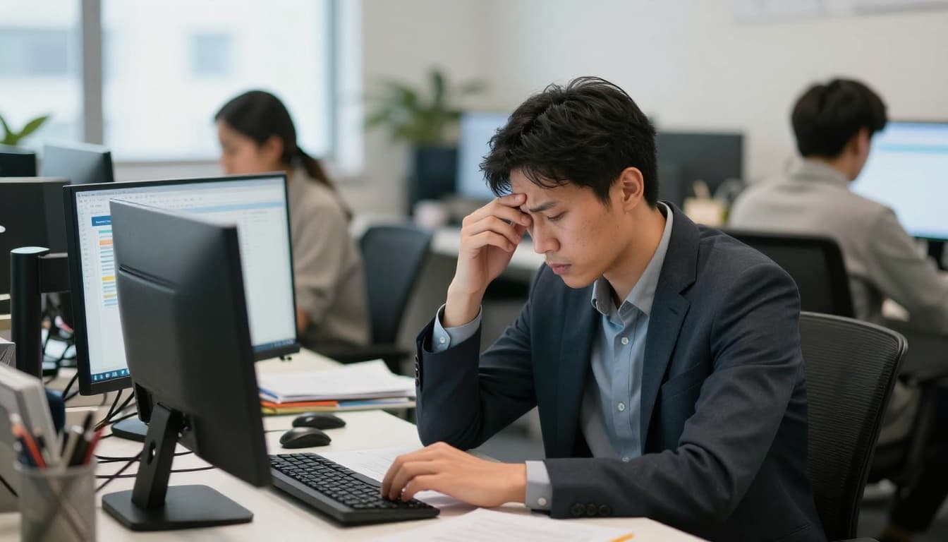 A tense office worker hunches at a cluttered desk with multiple screens showing emails and notifications, rubbing their forehead amid shallow breathing. Blurred colleagues in a modern open-plan office provide background under natural daylight.