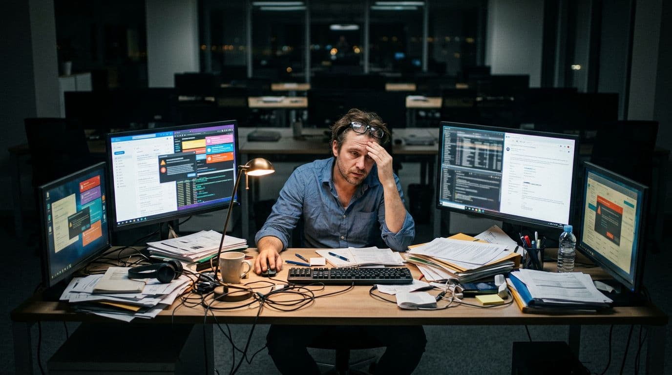 A stressed office employee sits at a cluttered desk surrounded by multiple flashing screens with notifications and stacks of papers, with a tired gaze fixed on the screen under dim late-office lighting.
